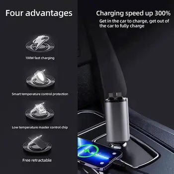 100 Вт 4 В 1 Выдвижное Автомобильное Зарядное Устройство USB Type C Кабель Для iPhone Huawei Samsung Шнур Быстрой Зарядки Адаптер Прикуривателя Z3U7