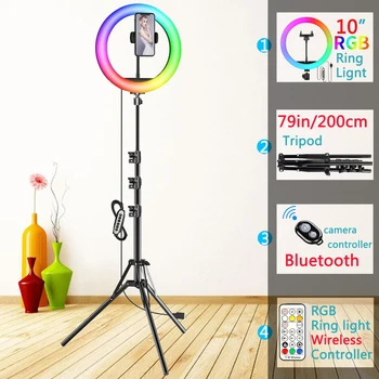 10in RGB Selfie Ring Light Штатив-Подставка Для Телефона Держатель Для Фотосъемки RingLight Circle Fill Light Светодиодная Цветная Лампа Trepied Makeup