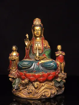 12-Дюймовая Коллекция Тибетского Храма, Старая Бронзовая Роспись, Отправляющая детскую Бутылочку Гуаньинь Бодхисаттва Будда Платформа Lotus Зал Поклонения