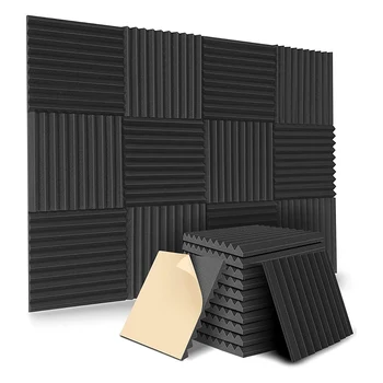 12 упаковок самоклеящихся акустических панелей, звукоизоляционных пенопластовых панелей, стеновых панелей высокой плотности для дома (черный)