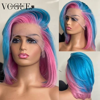 13x6 Выделите Розовый Шелковистый парик с прямыми кружевами спереди Синего цвета из Бразильских натуральных человеческих волос с короткой стрижкой Боб с линией роста волос младенца