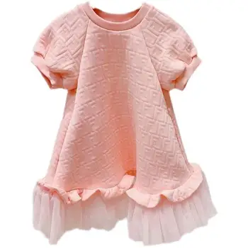2023 Весенне-Летнее Новое Сетчатое платье с короткими рукавами Для девочек в Западном стиле Для Средних и Крупных девочек, Розовое Платье Принцессы