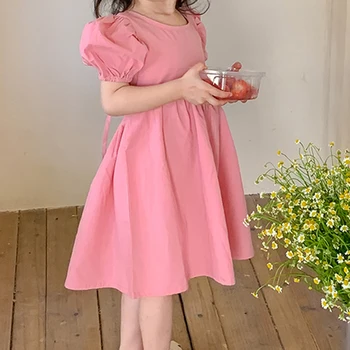 2023 Детская одежда, Летнее Розовое платье принцессы с пышными рукавами, детская одежда, повседневное платье для 2-6 лет