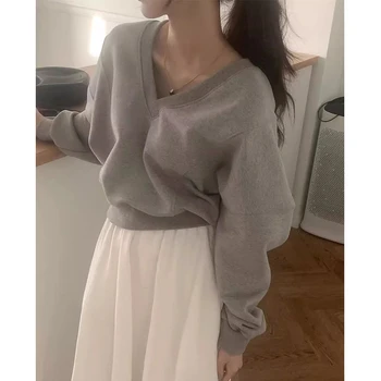 2023 Женская одежда, повседневный короткий пуловер Оверсайз с длинным рукавом, осень-зима, Однотонные Женские топы с V-образным вырезом, Базовая Корейская толстовка