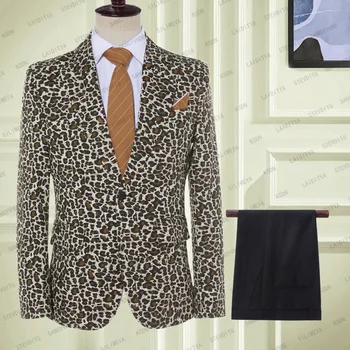 2023 Леопардовые костюмы Мужские Приталенные Повседневные Однобортный дизайн, блейзер для жениха для курящих, 2 предмета, пальто + брюки