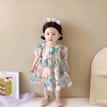 2023 Летнее новое платье с 3D-цветами для маленьких девочек, модное платье принцессы для девочек с коротким рукавом, детское повседневное платье, Милая одежда для девочек