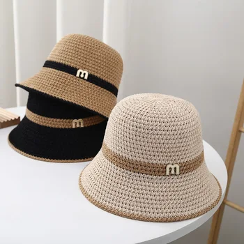 2023 Летние вязаные Полые солнцезащитные шляпы для женщин, подходящие по цвету, Солнцезащитный козырек, панама, Праздничная пляжная шляпа, кепка рыбака Оптом