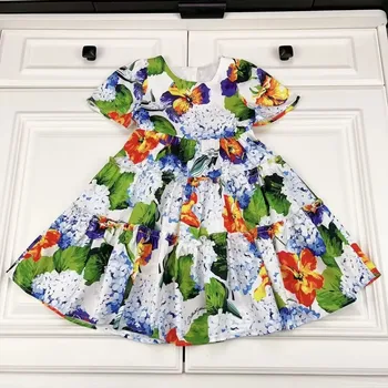 2023 новое бело-зеленое платье с цветочным принтом для девочек, летнее платье для девочек, осенняя детская одежда