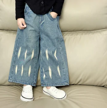 2023 Новые джинсовые брюки Stlye для девочек и мальчиков, хлопковые осенние модные детские длинные брюки от 2 до 8 лет KK380