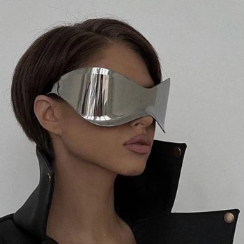 2023 Новые модные солнцезащитные очки для улицы большого размера One Piece Для женщин, солнцезащитные очки Goggle Y2K, Мужские черные оттенки, Женские зеркальные оттенки