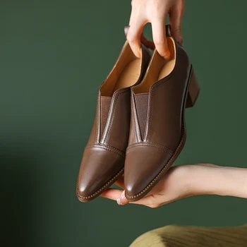 2023 новые осенние женские туфли-лодочки из натуральной кожи 22-25 см, воловья кожа + свиная кожа, лоферы из натуральной кожи с острым носком, женская обувь на толстом каблуке