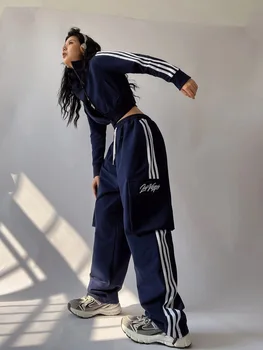 2023 Новый женский костюм, короткий укороченный топ, Свободные брюки для танцев в стиле хип-хоп, Повседневная рабочая одежда
