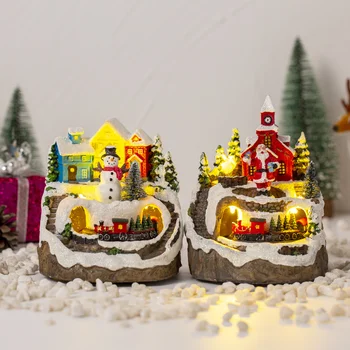 2023 Фигурки Деревенского дома Navidad, Рождественский Вращающийся поезд, дисплей из светодиодной светящейся смолы, Музыкальный пейзаж, украшение дома в помещении