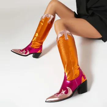 2023 Цветная строчка, женские ковбойские сапоги металлического цвета в западном стиле с квадратным носком, женские банкетные женские ботинки с квадратным носком