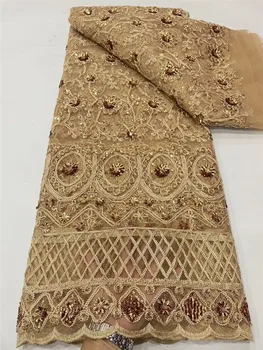 5 ярдов Африканской ткани Glod С пайетками, Нигерийский тюль, вышитый сетчатый материал для платья, французская сетка Dentelle Africaine Tissus PN61