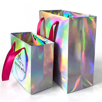 500 шт. / лот Оптовая продажа Пользовательский логотип Лазерный блеск Голографический блестящий картонный бумажный пакет для покупок, для подарка одежды для малого бизнеса