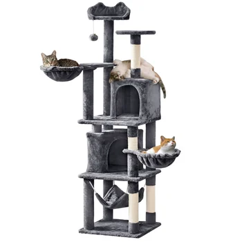 69-дюймовые многоуровневые башни из кошачьих деревьев с двойным кондоминиумом для кошек и котят, темно-серый