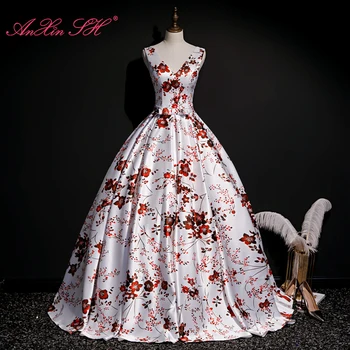 AnXin SH принцесса из белого атласа с красным цветком, V-образный вырез, без рукавов, расшитый бисером, маленький бант, невеста, бальное платье на шнуровке, вечернее платье для хозяина