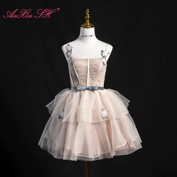 AnXin SH принцесса розовое кружевное платье на бретельках, расшитое бисером, с цветочным бантом, на шнуровке, вечернее платье с короткими оборками, Маленькое цветастое платье