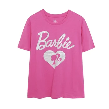 Barbie Pink/ Новая женская летняя розовая футболка с короткими рукавами и круглым вырезом с мультяшным принтом, Тонкие Свободные Мягкие топы, подарки для девочек