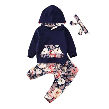 Citgeett Весенняя новинка 0-24 м, детская одежда для маленьких девочек, топ с цветочным капюшоном + брюки + повязка на голову, наряды, 3 шт. Осенний комплект