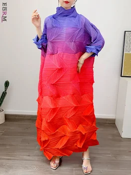 EGRM 2023 Новое Трехцветное Градиентное Плиссированное Платье Макси С Бриллиантами Miyake, Модная Водолазка С Длинным Рукавом, Женская одежда 6RM3519