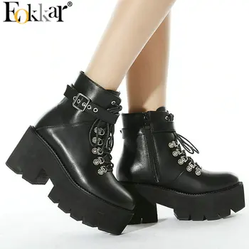 Eokkar 2023, ботильоны на платформе в стиле панк, женские ботильоны в готическом стиле, ботильоны на массивном каблуке, зимняя женская обувь на высоком каблуке с пряжкой