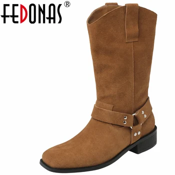 FEDONAS/ 2023/ Женские ботинки до середины икры из коровьей замши, качественные офисные женские ботинки в стиле ретро, осенне-зимняя женская обувь на толстом каблуке