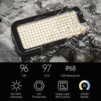 Godox WL8P LED Video Light Photography Fill Light IP68 Водонепроницаемый 2700K-8500K С Регулируемой Яркостью CRI96 + для Подводной Видеозаписи