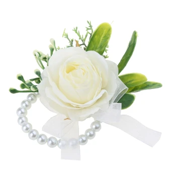 H7EA Свадебный корсаж из искусственных роз на запястье, бутоньерка, браслет для выпускного вечера, брошь-булавка
