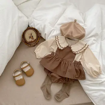 Ins 2023 Комплект одежды для новорожденной девочки из 2 предметов, хлопковая универсальная рубашка с длинным рукавом, винтажный комбинезон на подтяжках, одежда для маленьких девочек