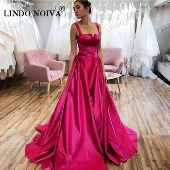LINDO NOIVA Атласное вечернее платье Розового цвета Без рукавов Вечерние платья трапециевидной формы с шлейфом Vestidos De Noche Sweetie Платье для выпускного вечера