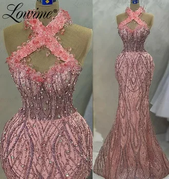 Lowime, полные кристаллы, розовые вечерние платья на бретелях, вечерние платья для помолвки 2023, Арабское платье для выпускного вечера, сшитое на заказ