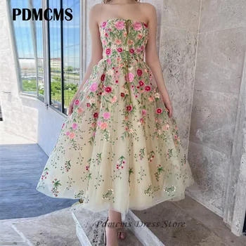 PDMCMS, платья для выпускного вечера Миди с цветочной вышивкой, платья трапециевидной формы чайной длины без бретелек, короткие вечерние платья с открытой спиной