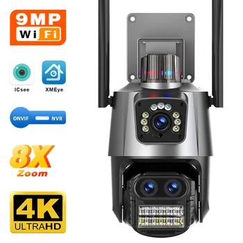 PTZ-камера WiFi 4K 9MP HD Наружная IP-камера с двойным объективом и двойным экраном Камера видеонаблюдения с поддержкой обнаружения человека NVR