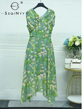 SEQINYY Повседневное платье Миди на лето и весну, новый модный дизайн, Женская обувь для подиума, Хай-стрит, Винтажный Цветочный принт, Трапециевидная драпировка