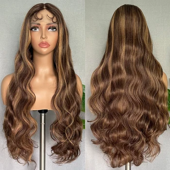 SOKU Highlight Кружевные парики 30 дюймов, волнистая средняя часть тела, омбре коричневого цвета, модный синтетический парик с натуральными волосами младенца для чернокожих женщин