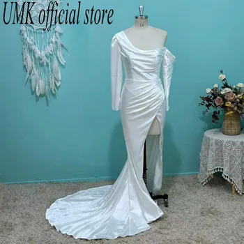 UMK Сексуальное свадебное платье Русалки на одно плечо с длинным рукавом и разрезом спереди, современные свадебные платья