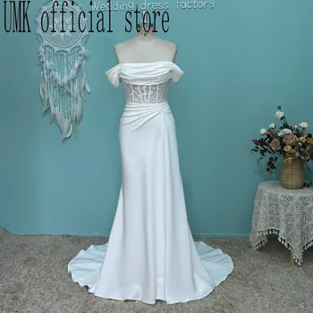 UMK Сексуальное Свадебное платье Русалки с открытыми плечами, короткий рукав, креп, кружева с разрезом спереди, Современные Свадебные платья