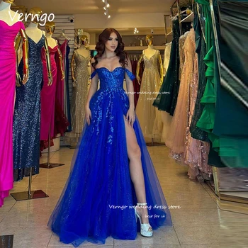 Verngo Блестящие королевские синие тюлевые длинные платья для выпускного вечера с открытыми плечами, аппликация с разрезом, Дубайские арабские блестящие вечерние платья для вечеринки