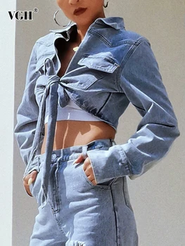 VGH, женское джинсовое пальто со шнуровкой в стиле пэчворк, глубокий V-образный вырез, Туника с длинным рукавом, минималистичные повседневные пальто, женская модная одежда