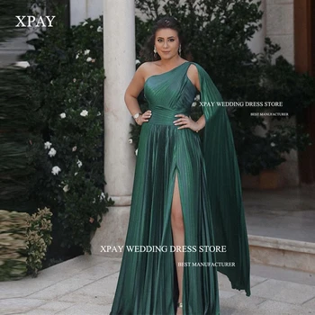 XPAY Блестящие Зеленые Дубайские Арабские Женские вечерние платья, Шелковые платья с разрезом на одно плечо и длинным рукавом-накидкой для выпускного вечера, Официальная вечеринка
