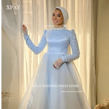 XPAY Скромные светло-голубые атласные мусульманские женские вечерние платья арабского ислама с высоким вырезом и жемчугом, атласные вечерние платья для выпускного вечера с хиджабом