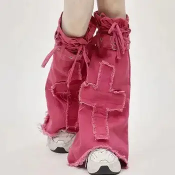 Y2K/ Женские гетры, носки, Сладкие Розовые гетры из денима в стиле харадзюку, Регулируемые гольфы до колена, Японская Уличная одежда, Джинсовый чехол для ног, Новинка