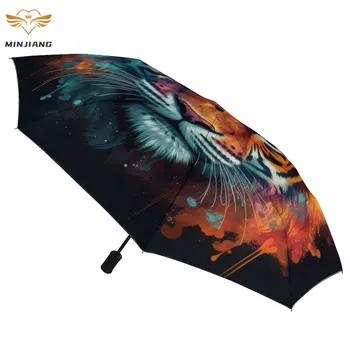 Автоматический зонт Tiger 3-х кратный с головой животного, захватывающее изображение, Зонт с защитой от ультрафиолета, каркас из углеродного волокна, портативные зонты для мужчин