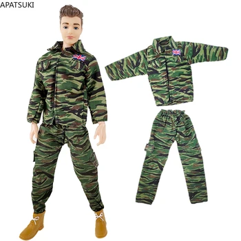 Армейский зеленый солдатский камуфляжный комплект одежды для куклы Кен Бой, пальто, брюки, Обувь для бойфренда Барби, аксессуары для кукол Кен