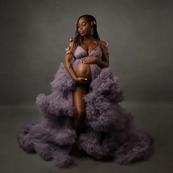 Африканские фиолетовые тюлевые платья для выпускного вечера, женские платья на бретельках с разрезом спереди, платье для фотосессии для беременных, элегантное платье для душа ребенка