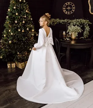Белое атласное платье для первого причастия для девочек с длинным рукавом, одежда для девочек принцессы от 1 до 14 лет, платье с цветочным узором для девочек, свадебная вечеринка, Рождество