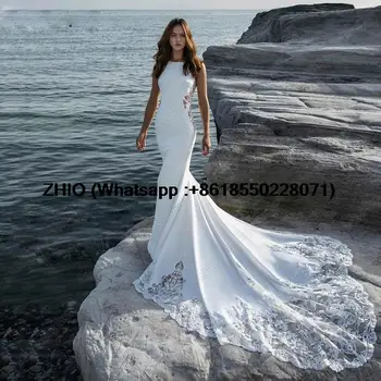 Белое атласное свадебное платье Русалка без рукавов с круглым вырезом Свадебное платье с пляжными аппликациями Vestido De Novia На заказ