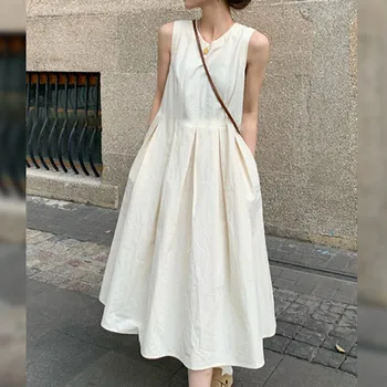Белое платье без рукавов, женское летнее платье 2023, дневной жилет senior sense, юбка с высокой талией, темперамент